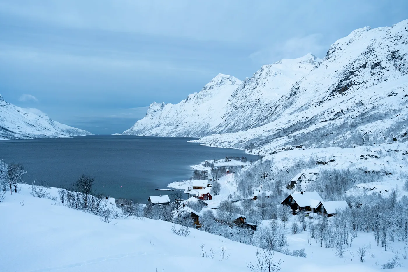 Fjord enneigé avec un petit village sur la rive