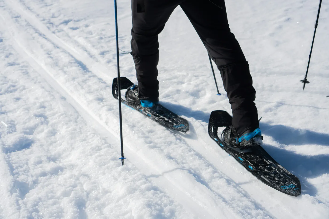 Primo piano di ciaspole e bastoncini in una traccia nella neve